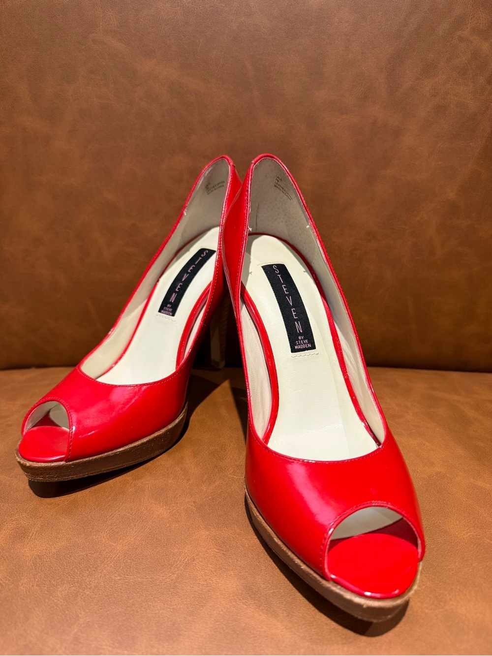 Steven by Steve Madden Red Patent Peep-Toe Platform Heels